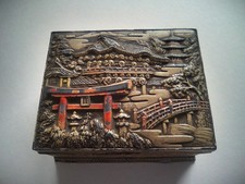 Antique Japanese painted Small cigarette Box Pagoda Scene