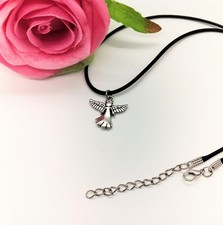 Silver Guardian Angel Pendant Necklace on Black Cord - 17" - Angel Wings 