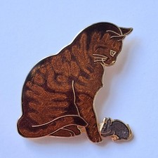 Vintage Cloisonne Enamel Brooch, Ginger Cat With Mouse, Signed Fish, Gold Tone