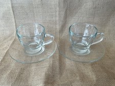 Pair of Clear Italian Glass Coffee Cups with Saucers