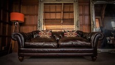 TETRAD LAURA ASHLEY MELROSE ANTIQUE BROWN LEATHER CHESTERFIELD SOFA 2 of a PAIR