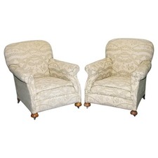 PAIR OF VICTORIAN CLUB ARMCHAIRS FLORAL CREAM UPHOLSTERY FULLY SPRUNG SEATS