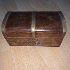 Wood Spice Box Hand Carved Brass Trim Indy-Craft Domed Lid Treasure Chest Style