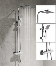 Bathroom Mixer Shower Thermostatic Dual Head Square Rainfall Head Handset Chrome