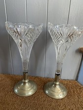 Pair 2 Antique Edwardian Spill Vases Silver Plated Base Cut Glass Epergne 1900