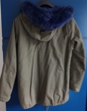 NEW LOOK Khaki Green Canvas Parka with Blue Faux Fur Hood and Lining. Sz 14.