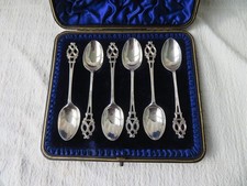 ANTIQUE, BOXED, SET OF 6 SILVER TEA SPOONS, HILLIARD THOMASON, BIRM 1894, 60gs
