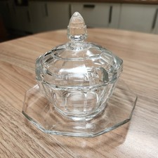 Vintage Clear Glass Jam Honey Cranberry Sugar Bowl Pot With Lid and Saucer