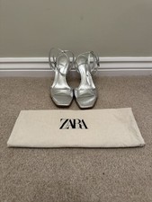 New Zara Women's Silver Patent Finish High Heel Sandals, UK Size 4 (37)