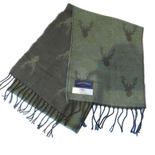 James Pringle Weavers Stags Head Print Tassel Scarf Green