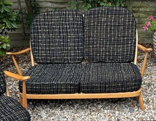 MID CENTURY ERCOL TWO SEATER SOFA BLONDE WOOD BLUE LABEL