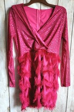 Bright Pink Sequin Drss, With Feather Covered Skirt, Long Sleeved,  Size 10/12