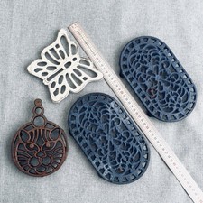 Vintage Cast Iron Trivets Bundle Cat Butterfly Blue Pair Photo Props Decorations