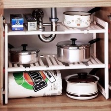 2 Tier Under Sink Rack Kitchen Cupboard Organizer Extendable Storage Shelf Unit