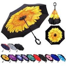 Reverse Inverted Umbrella Double Layer C Handle HandsFree Windproof Rain Sun 80c