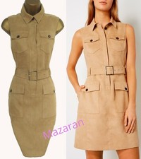 KAREN MILLEN ❤ STUNNING CAMEL TAN FAUX SUEDE SAFARI SHIRT STYLE DRESS ❤ UK 10