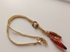 Antica Murrina Glass Bicone Bead Y Drop Pendant Necklace Amber Red Swirl Tone 