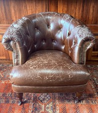 Distressed Brown Leather Buttoned Club Chair Contemporary (1)