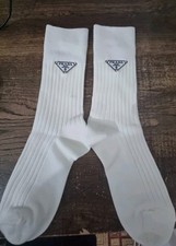 Prada Cream Classic Socks with Gold Triangle Metal Prada Logo with Leather