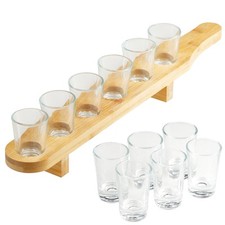 Glass Shot Glasses Set of 6 Wooden Bamboo Holder Shot Paddle Board 40ml GEEZY