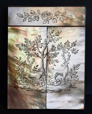 Superb Antique Mother of Pearl Card Case Engraved with Stags & Pheasants C 1840+
