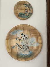 2 Chinese Bamboo Plates Vintage Traditional Display Collector Plates 20cm & 11cm