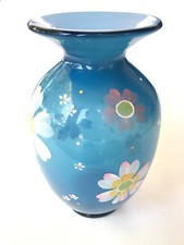 Fenton Blue Hand Painted Vase Flowers Gabriella Miller Blue New Rare