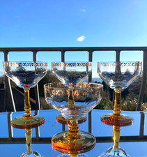 Vintage set of 4 Amber Stem Gold Leaf Rim Champagne Coupe Saucers