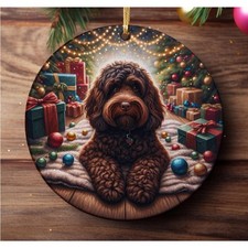 Chocolate Cockapoo Christmas Tree Ornament, Ceramic Double-Sided Print, Gift Bag
