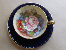 AYNSLEY CHINA CUP & SAUCER COBALT BLUE - CABBAGE ROSE - SIGNED J BAILEY (11615)