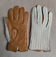 Vintage 1950s Classic Tan Leather & Crochet Driving Gloves Size 8 Fleece Lined