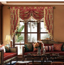 Topluxe Window Swag Valance Damask With Tassels Short Curtain Luxurious Red