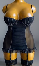 Ann Summers Underwired Suspender Cami Black Sheer Mesh & Gemstones, UK 14-16