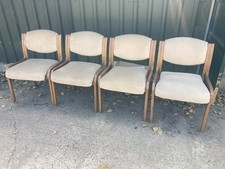 Brown Wooden Stacking Kitchen Dining Chairs x 4 Beige Velvet Seats & Backs
