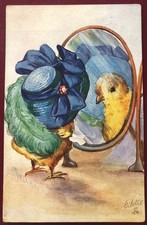 R Clark - Chick admires her Huge Feather Bonnet in Mirror - 1910