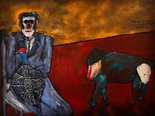 Original Naive Oil Painting On Canvas Signed Man Guinea Fowl Monkey Mandrill