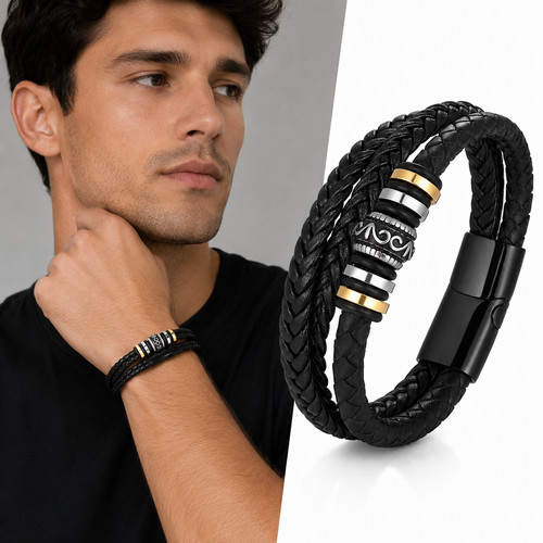 Men black leather - black, bracelet