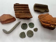 Roman finds. Pottery, tile, coins and lead stylus  (x33)