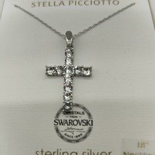 NIB Stella Picciotto Sterling Silver Necklace+Cross Pendant w/Swarovski Crystals