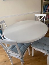 Oak wood (painted white) 47-inch diameter circular dinner table and 4 chairs