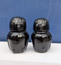 Pair Vintage Owl bird Shape lidded Pot Trinket Box Black Lacquer bamboo Burmese