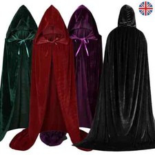Hooded Velvet Cloak Robe Medieval Witchcraft Cape Costume Halloween Fancy Dress