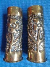 Pair Of 1917 Antique WW1 Brass Shell Cases Engraved Trench Art Vases