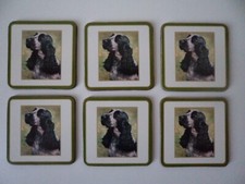 6 Cocker Spaniel Drink Coasters Cork Back 10cm Square Blue Roan Dog Green Border