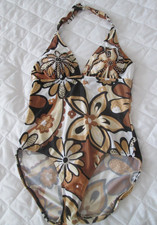 Brown patterned beaded swimsuit.  Halter neck. Size 14 from Marks & Spencer
