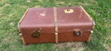 Vintage Steamer Trunk Banded Travel Chest With Shelf Inlay Prop