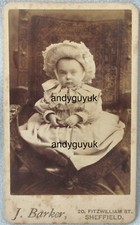 CDV GIRL IN FANCY HAT & COAT BARKER SHEFFIELD RIBBON BONNET IN CHAIR ANTIQUE
