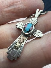 Amazing C.Co Silver Southwestern Inlaid Cross Pendant/ Black Hills Gold Leaves