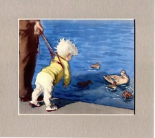 ~ Child Watching Ducks on the Pond ~ J H Dowd Colour Print Genuine Vintage 1937
