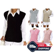 Womens Sleeveless Knitted Jumper Ladies Cable Knit V Neck Vest Winter Tank Top